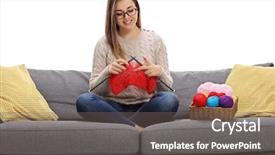 Presentation with knitting - Presentation with patience - happy young woman sitting background and a gray colored foreground