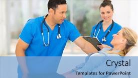  Presentation with doctor office call center - Slide deck consisting of nurse talking middle aged female patient - beautiful senior woman in doctor's background and a light blue colored foreground