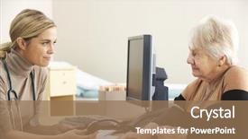  Presentation with blood pressure - Colorful presentation design enhanced with english patient - doctor taking senior woman's blood backdrop and a coral colored foreground