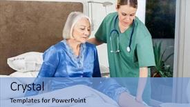  Presentation with female - Presentation theme enhanced with caregiver elderly patient - female caretaker examining senior woman's background and a light blue colored foreground