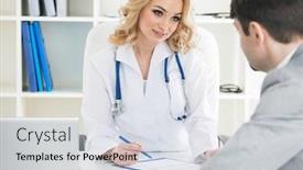  Presentation with taking notes - Presentation with patient-and-beautiful-female-doctor background and a sky blue colored foreground