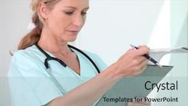  Presentation with patient and nurse holding hands - Beautiful theme featuring patient assessment nursing - blond female nurse holding clipboard backdrop and a light blue colored foreground