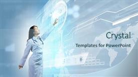  Presentation with media image - Colorful slide deck enhanced with patient care - image of young woman doctor backdrop and a sky blue colored foreground