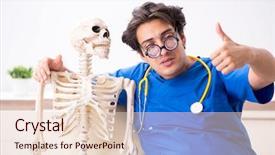  Presentation with skeleton - Presentation theme consisting of patient case study - funny doctor with skeleton background and a  colored foreground