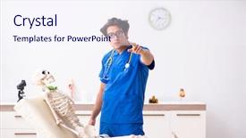  Presentation with skeleton - Beautiful PPT theme featuring patient case study - funny doctor with skeleton backdrop and a sky blue colored foreground