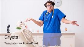  Presentation with skeleton - PPT theme consisting of patient case study - funny doctor with skeleton background and a  colored foreground