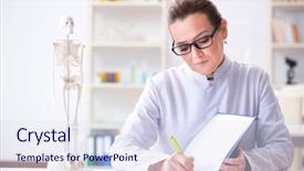  Presentation with skeleton - Slide set with patient case study - woman doctor studying human skeleton background and a sky blue colored foreground