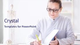  Presentation with skeleton - Amazing PPT theme having patient case study - woman doctor studying human skeleton backdrop and a sky blue colored foreground