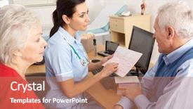  Presentation with senior couple - Slide set consisting of baduk - british nurse talking to senior background and a coral colored foreground