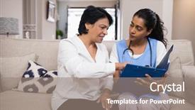  Presentation with report - Slide set featuring patient discussing over medical report background and a  colored foreground