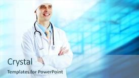  Presentation with medical smiling doctor - Beautiful PPT theme featuring patient education - smiling medical doctor with stethoscope backdrop and a sky blue colored foreground