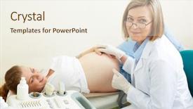  Presentation with pregnant woman - PPT theme having patient excellence - happy obstetrician looking at camera background and a  colored foreground