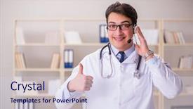  Presentation with medical concept - Presentation design consisting of patient excellence - young man doctor in medical background and a  colored foreground