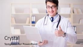  Presentation with medical concept - Amazing PPT theme having patient excellence - young man doctor in medical backdrop and a  colored foreground