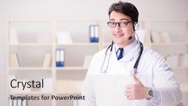  Presentation with medical concept - PPT theme enhanced with patient excellence - young man doctor in medical background and a  colored foreground