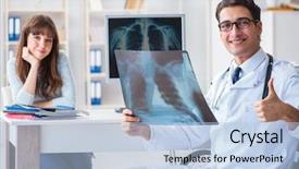  Presentation with dental radiology panoramic x ray - Slides featuring patient excellence - young woman visiting radiologist background and a light blue colored foreground