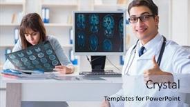  Presentation with dental radiology panoramic x ray - Audience pleasing slide deck consisting of patient excellence - young woman visiting radiologist backdrop and a light blue colored foreground