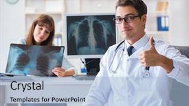  Presentation with radiologist - Cool new PPT layouts with patient excellence - young woman visiting radiologist backdrop and a light blue colored foreground