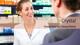  Presentation with pharmacy granules - PPT theme having patient experience - female pharmacist consulting a customer background and a coral colored foreground