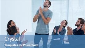  Presentation with patient experience - Colorful presentation enhanced with patient experience - rehab group applauding delighted man backdrop and a teal colored foreground