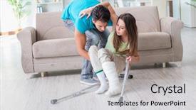  Presentation with supporting - Beautiful slides featuring patient fall - husband man supporting injured wife backdrop and a light gray colored foreground