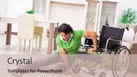  Presentation with wheelchair - Audience pleasing slide set consisting of patient fall - young handsome man in wheelchair backdrop and a soft green colored foreground