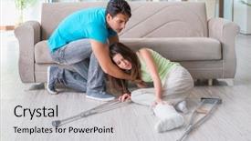  Presentation with husband and wife - Presentation theme having patient falling - husband man supporting injured wife background and a  colored foreground