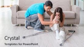  Presentation with husband and wife - Slide deck having patient falling - husband man supporting injured wife background and a  colored foreground