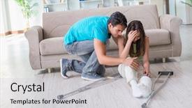  Presentation with supporting - Amazing PPT layouts having patient falling - husband man supporting injured wife backdrop and a  colored foreground