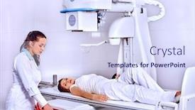  Presentation with x ray equipment for medical - PPT theme featuring patient in x-ray room background and a sky blue colored foreground