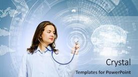  Presentation with media image - Audience pleasing slide deck consisting of patient innovation - image of young woman doctor backdrop and a light blue colored foreground