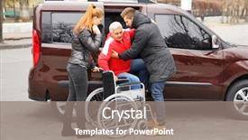  Presentation with helping man - Amazing theme having patient journey - young couple helping handicapped man backdrop and a gray colored foreground