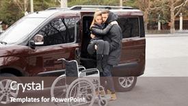  Presentation with helping man - Amazing PPT layouts having patient journey - young man helping handicapped woman backdrop and a gray colored foreground