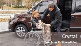  Presentation with journey - Theme having patient journey - young man helping handicapped woman background and a gray colored foreground