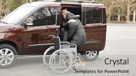  Presentation with helping man - Audience pleasing PPT layouts consisting of patient journey - young man helping handicapped woman backdrop and a  colored foreground