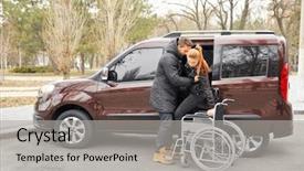 Presentation with helping man - Slide set with patient journey - young man helping handicapped woman background and a light gray colored foreground