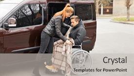 Presentation with helping man - Slide set consisting of patient journey - young woman helping handicapped man background and a light gray colored foreground
