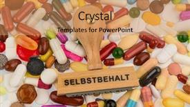  Presentation with tablets and caupsuls - PPT theme enhanced with patient law - stamp on colorful tablets background and a  colored foreground