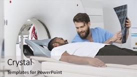  Presentation with scanner - PPT layouts enhanced with patient lying on ct scan background and a light gray colored foreground