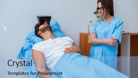  Presentation with telemedicine nurse - PPT layouts featuring patient man with vr glasses background and a light blue colored foreground