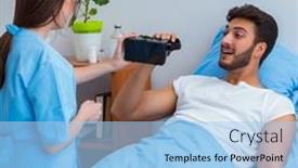  Presentation with telemedicine - Presentation design enhanced with patient-man-with-vr-glasses background and a light blue colored foreground