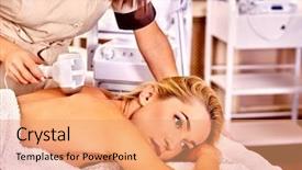  Presentation with electric enineering - Slide deck consisting of medical ultra sound - young blond woman receiving electric background and a  colored foreground