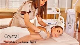  Presentation with beauty salon - PPT layouts with therapeutic devices - young white woman receiving electric background and a coral colored foreground