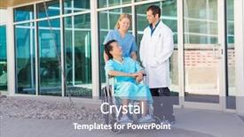  Presentation with social work - Slide deck featuring patient on wheelchair outside hospital background and a gray colored foreground