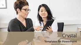  Presentation with digital image - Audience pleasing presentation theme consisting of patient pointing at digital tablet backdrop and a coral colored foreground