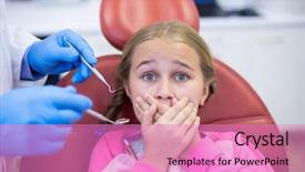  Presentation with patient check up tecnology - Amazing presentation theme having patient scared during a dental backdrop and a  colored foreground