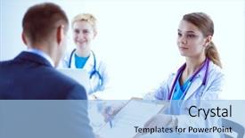  Presentation with patient women abdominal ultrasound - PPT layouts featuring patient sitting at the desk background and a  colored foreground