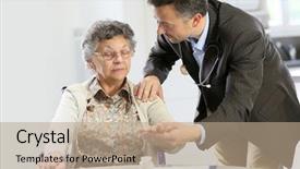  Presentation with wheelchair - Beautiful presentation theme featuring patient support - doctor reassuring elderly woman backdrop and a coral colored foreground