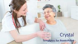  Presentation with old lady cartoon - Cool new PPT theme with patient taking drugs - doctor giving old lady backdrop and a sky blue colored foreground