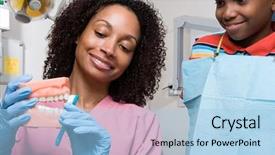  Presentation with clean - Beautiful presentation theme featuring patient teaching - dental nurse showing boy how backdrop and a light blue colored foreground